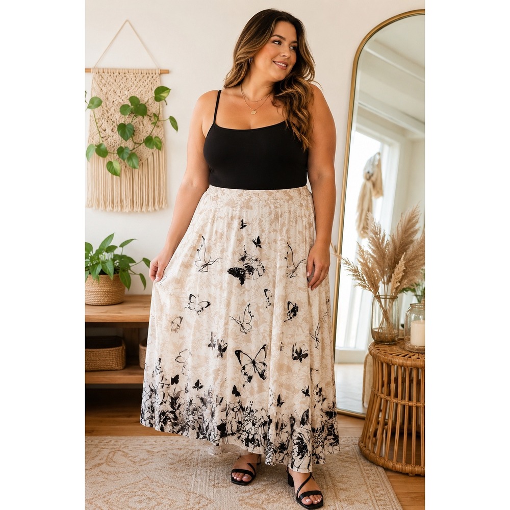NEW Soft Surroundings Butterfly Floral Print Maxi Skirt Cream Black XL Full